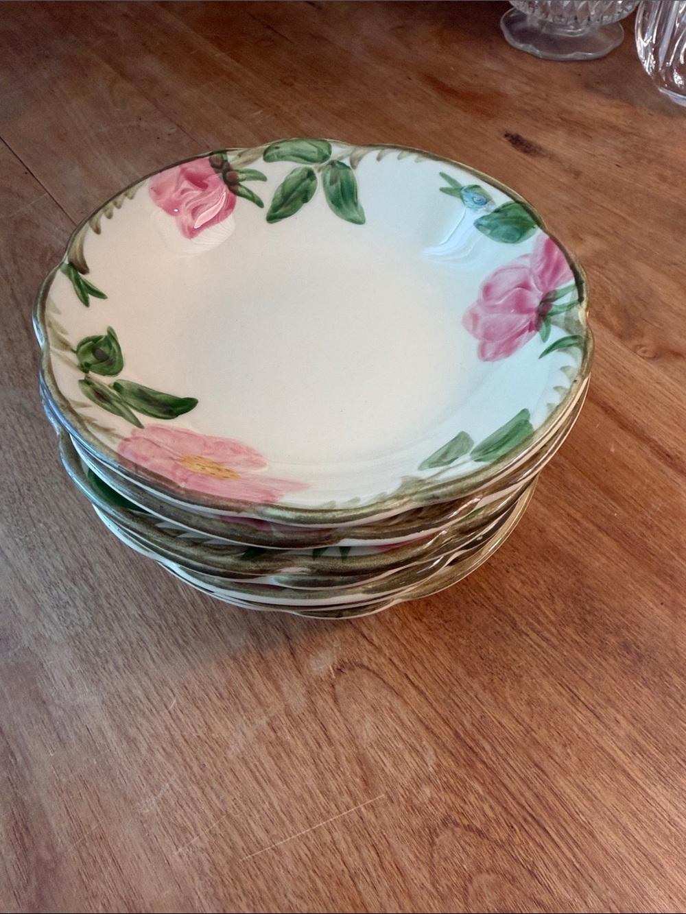 Franciscan Pink Floral Set of 7 Fruit Bowls with Green Leaves